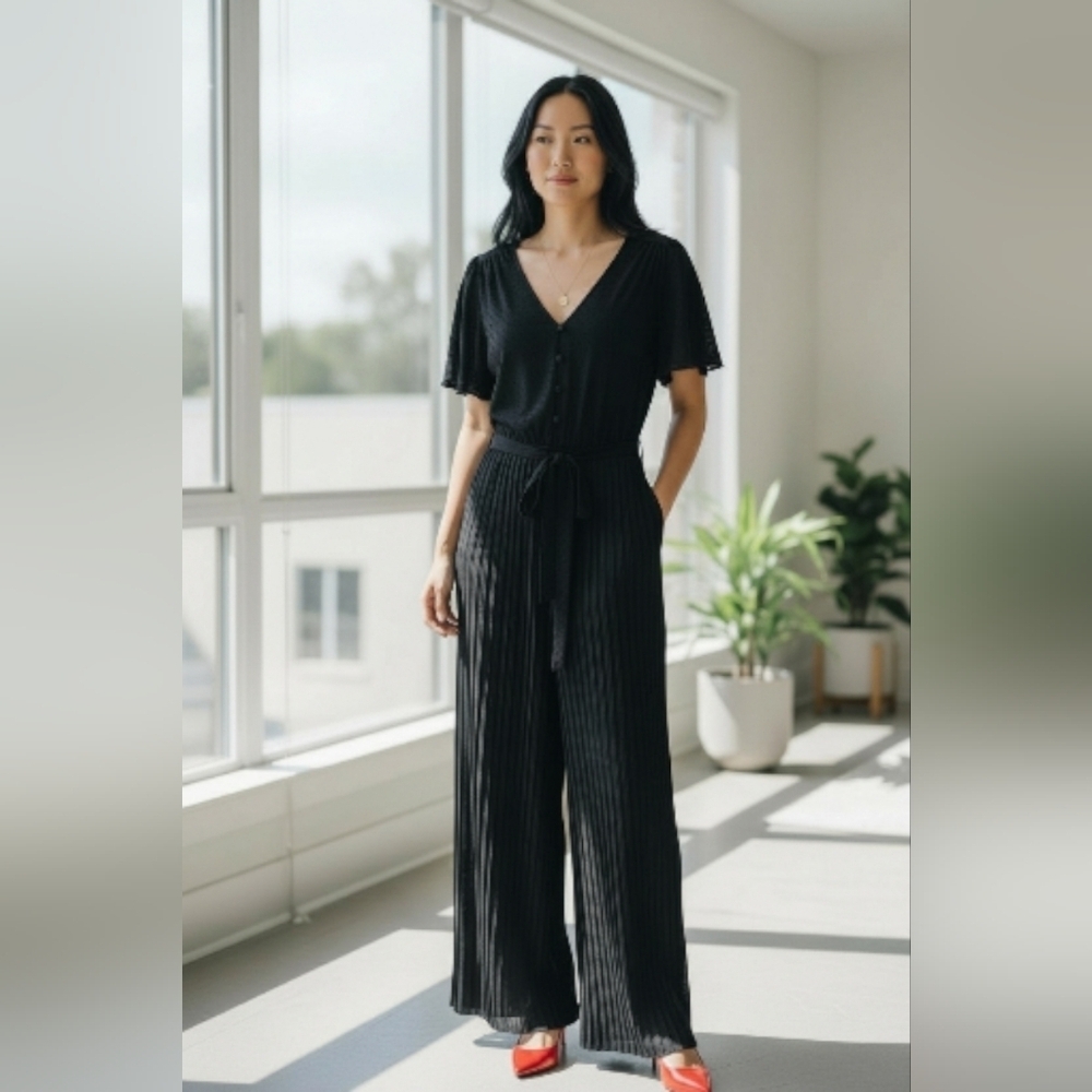 Cato Black Pleated Short Sleeve Jumpsuit